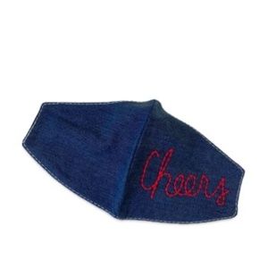 (NWT) AHIDA CORREALE "Cheers" Face Mask, Denim Blue Red Embroidered OS